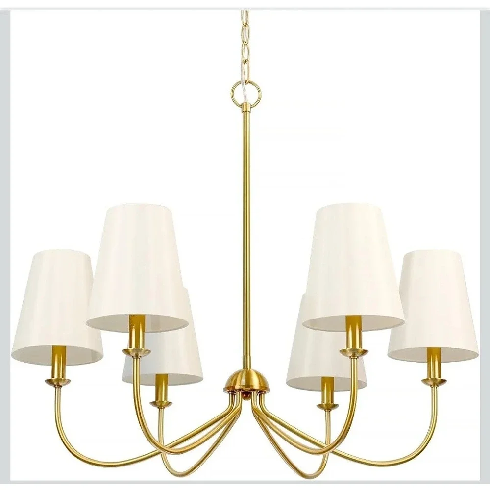 Gold Chandelier, Brushed Brass with Beige Fabric Shade, 6-Light 28